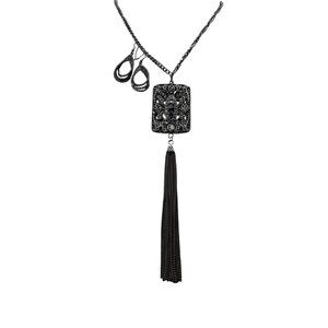 Black Rhinestone Necklace & Earrings Set With Chain & Tassel Design 26 Long